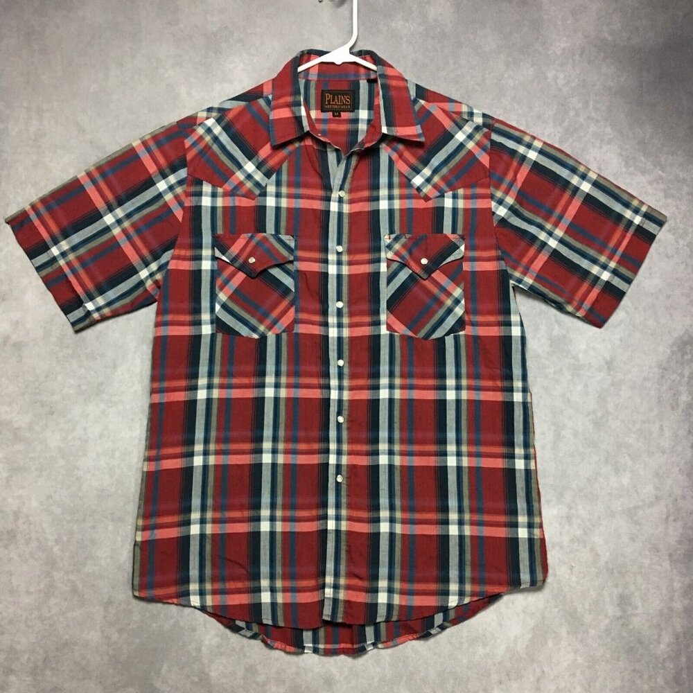 Plains Western‎ Wear Mens Pearl Snap Shirt size Medium Short Sleeve Red Blue - Picture 2 of 13